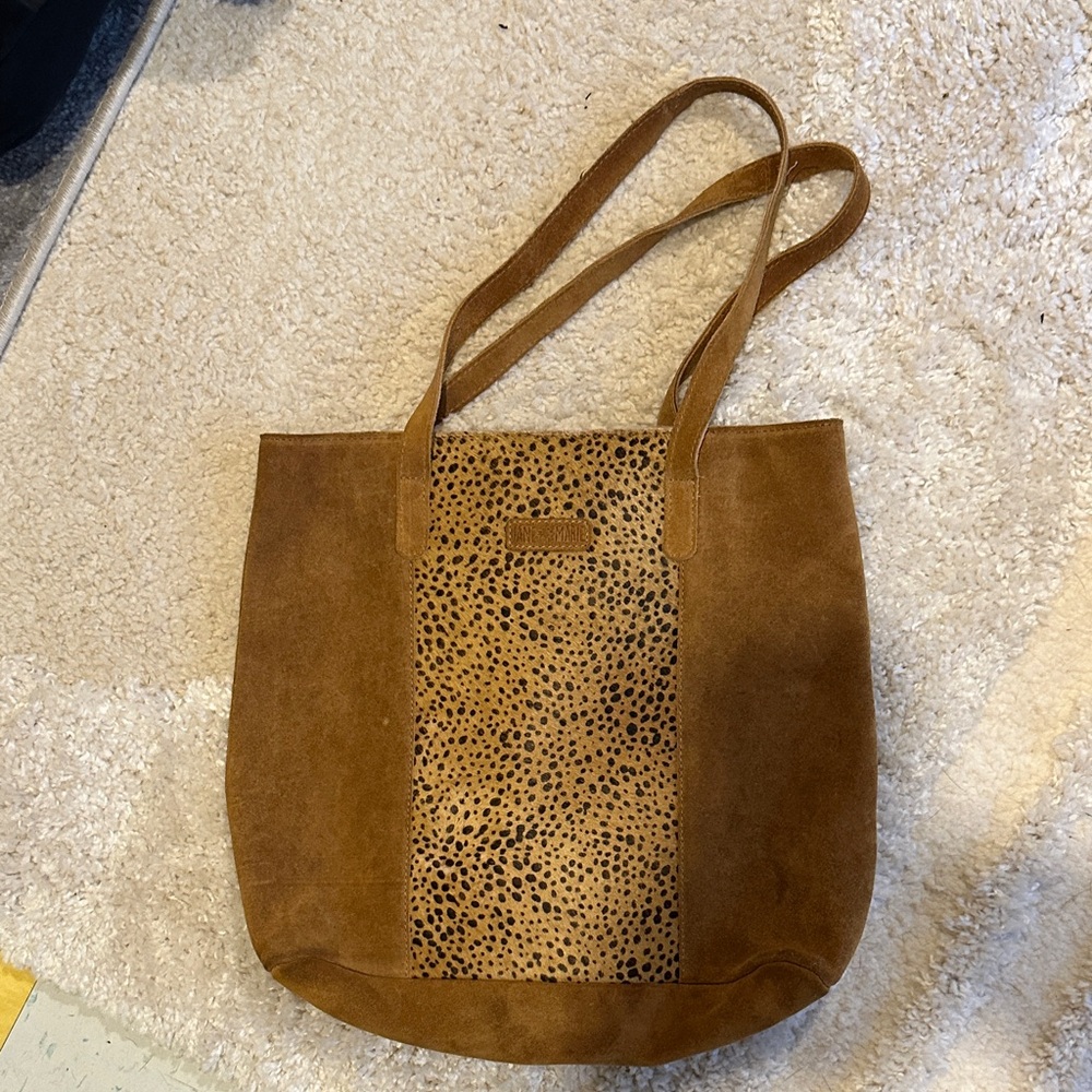 Elegant Brown Suede Tote with Leopard Accent